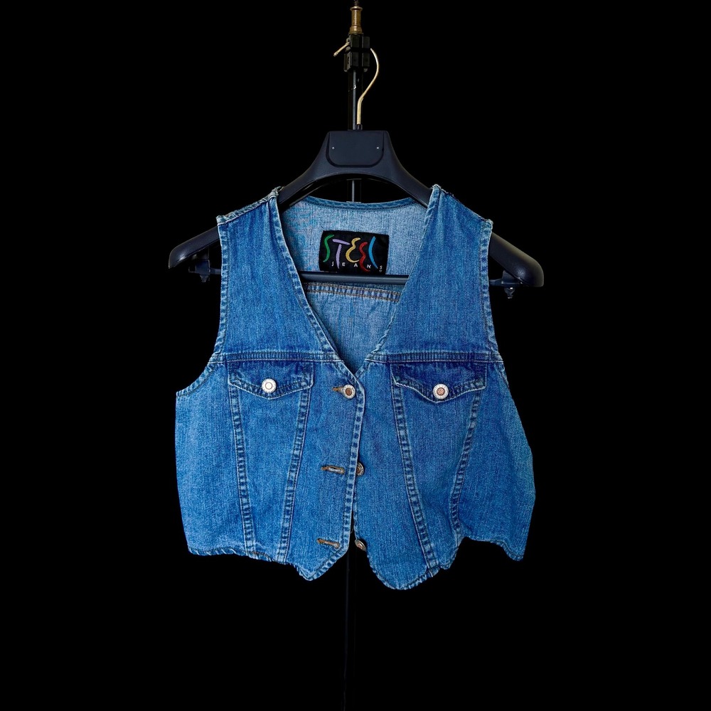 Vintage Steel Jeans Denim Vest Medium Wash Cropped Cinch Back Womens Large